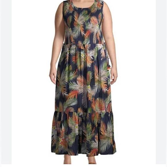 Terra & Sky navy blue tropical beach maxi Boho dress smocked tiered plus size 4X - Picture 1 of 13